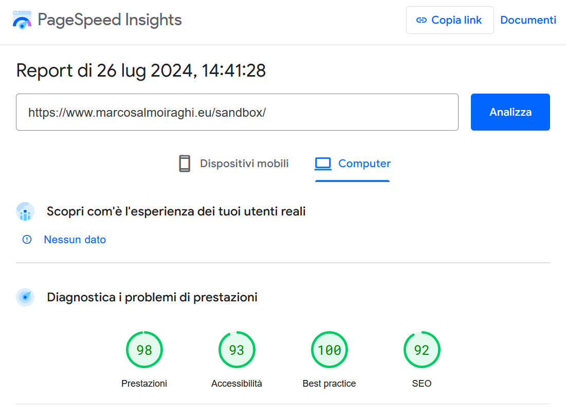 Marcosalmoiraghi.eu, ottimo risultato su PageSpeed Insights!
